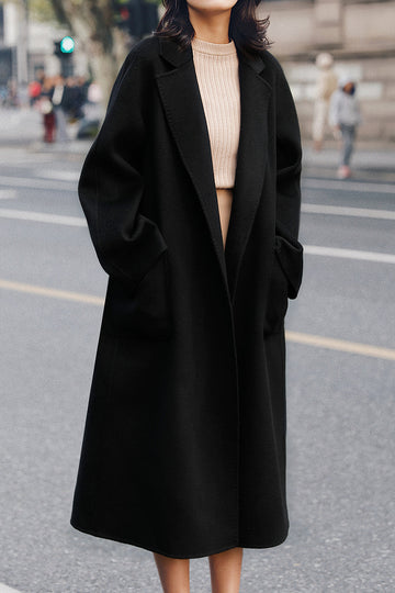 Abrigo de lana con cinturón cuello de solapa negro